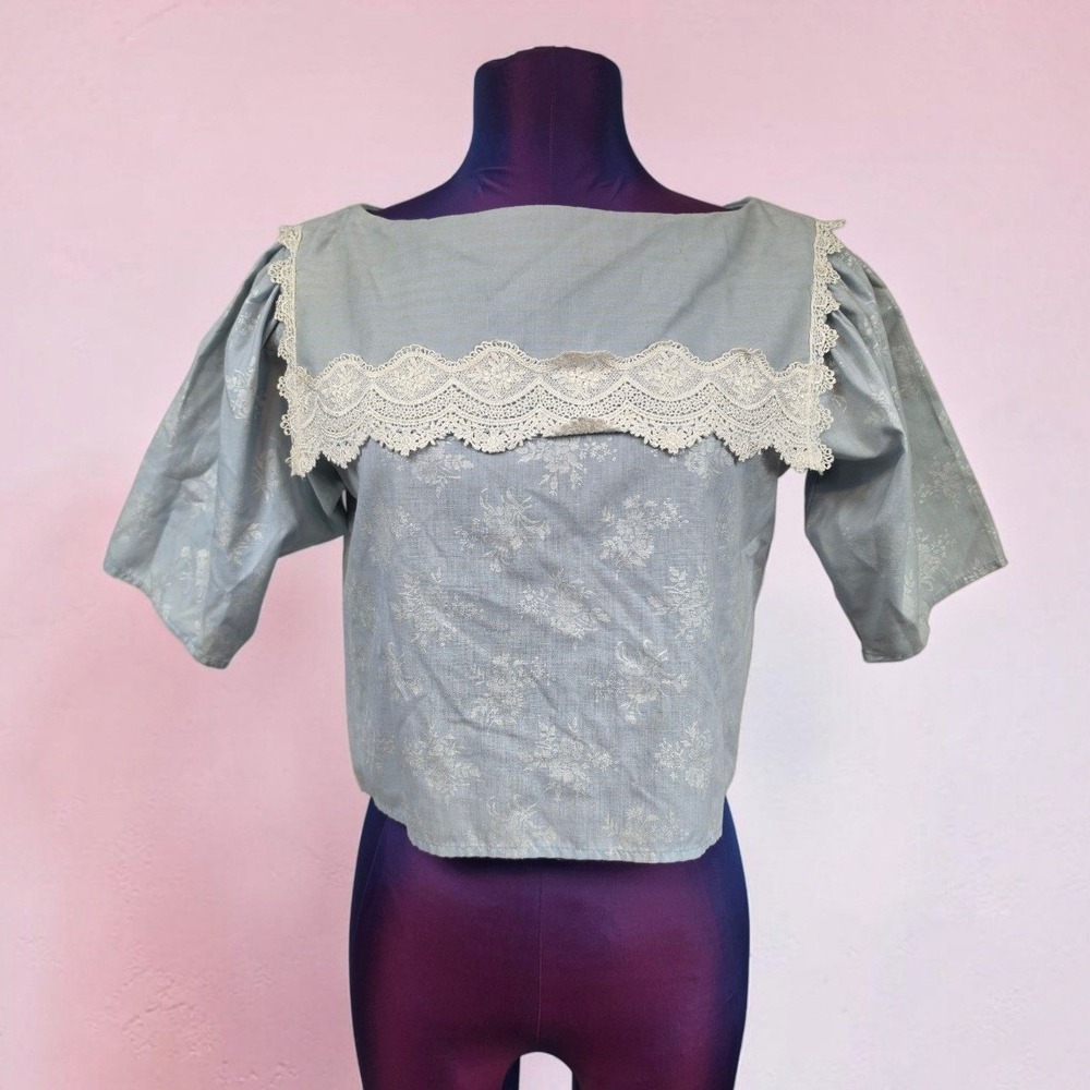 Vintage Gunne Sax Blue Floral Lace Sailor Collar Puff Sleeve Blouse Size 7